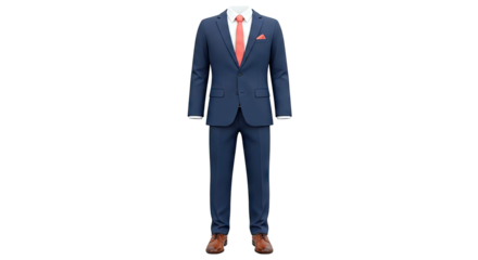 Men's Navy Blue Suit with Orange Tie and Pocket Square