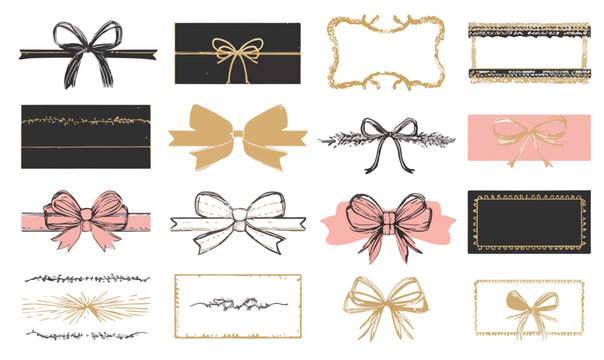 Conjunto de elementos decorativos de lazos y marcos elegantes en tonos pastel y dorados, dise&ntilde;o transparente.