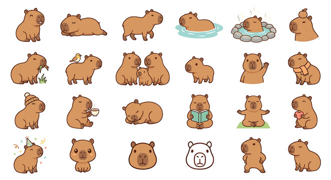 A collection of cartoon capybaras in various poses and activities, illustrated in a cute style.