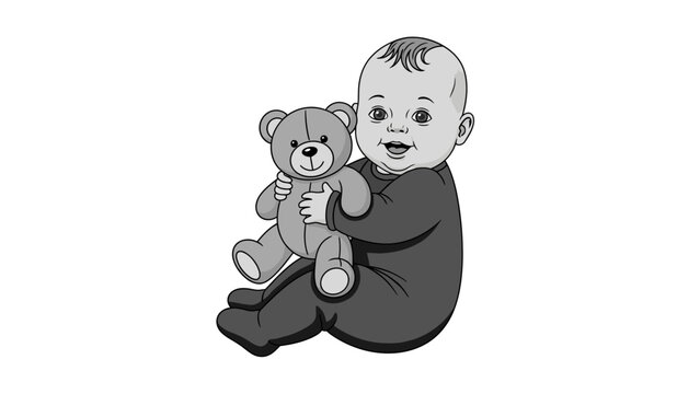 Happy infant holding a teddy bear toy illustration.