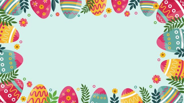 full frame easter egg border with colorful flowers on light blue background