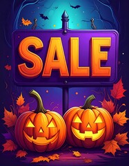A digital illustration of two jack-o'-lanterns with a sale sign