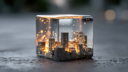 A futuristic cityscape featuring a holographic data cube.