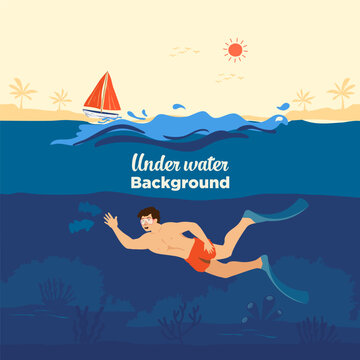 Vector illustration of a man snorkeling on a summer vacation featuring a blue ocean with a boat, sun, and underwater nature background