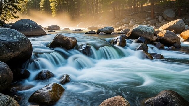 Serene river flowing through rocky landscape.