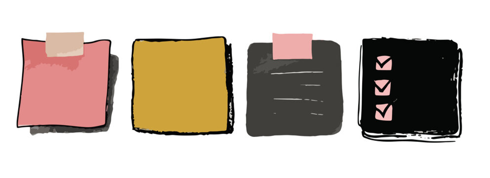 Cuatro notas adhesivas de diferentes colores y estilos, una con una lista de verificaci&oacute;n, sobre fondo blanco.