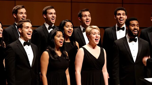 Choir Performance in Formal Attire - A lively choir performance featuring a group of singers dressed in formal black attire.