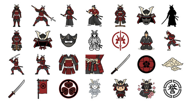 A collection of stylized illustrations depicting samurai warriors, armor, weapons, and related symbols in a grid layout.