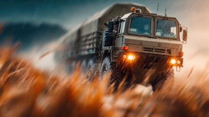 Military transport vehicle deploying weather stabilization technology outdoors.