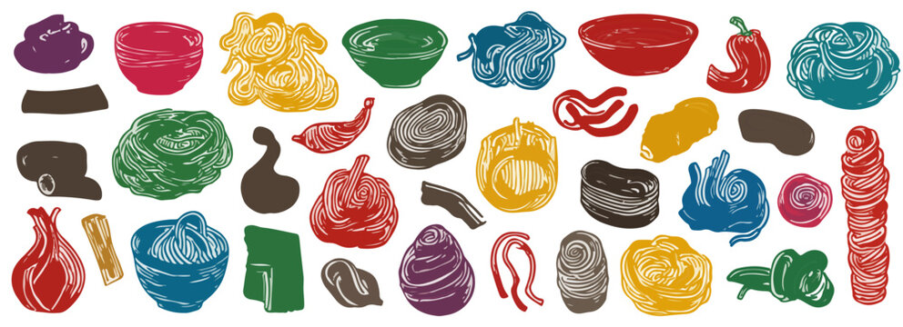 Colecci&oacute;n de alimentos y objetos de colores vibrantes, pintados con acuarela sobre fondo transparente.