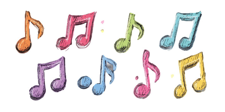 Notas musicales de colores dibujadas a mano sobre fondo blanco transparente, estilo acuarela.