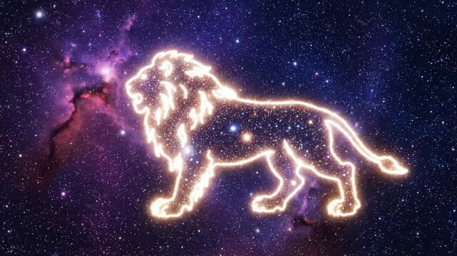 Cosmic Lion Constellation - A glowing outline of a lion representing the astrological sign Leo, set against a vibrant cosmic background filled with stars and nebulas.