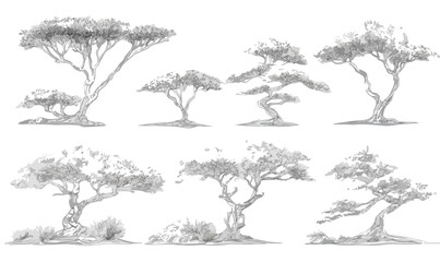 Ilustraciones detalladas de &aacute;rboles africanos dibujados a mano con un estilo de boceto transparente para dise&ntilde;os.
