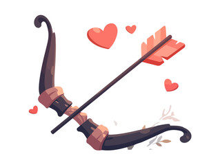 Arco de Cupido con flecha y corazones flotantes, s&iacute;mbolo del amor y San Valent&iacute;n, sobre fondo transparente.