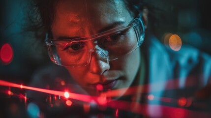 A researcher observing a laser in a laboratory setting.