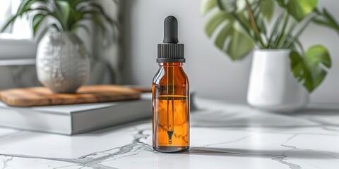 Amber Liquid in Dropper Bottle on Marble Countertop with Plants