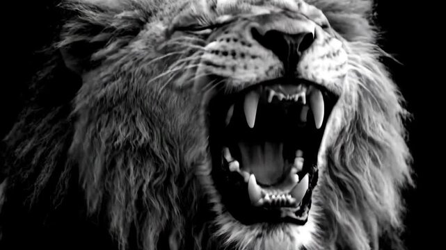 Majestic Lion Roaring - A close-up, dramatic black and white video of a lion emitting a powerful roar.