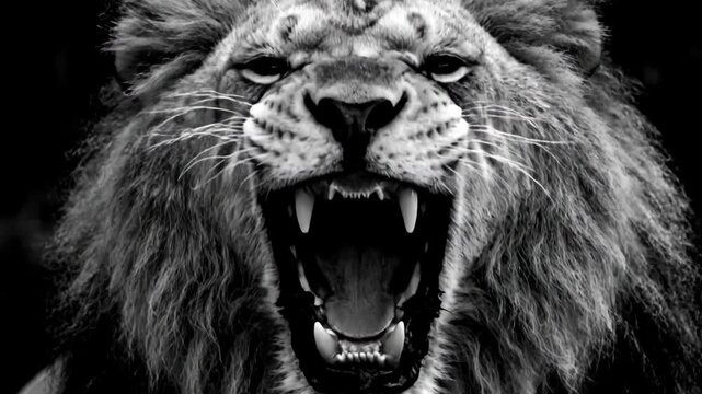 Majestic Lion Roaring in Black and White - This striking black and white video captures a lion in mid-roar, showcasing its powerful features and impressive mane.