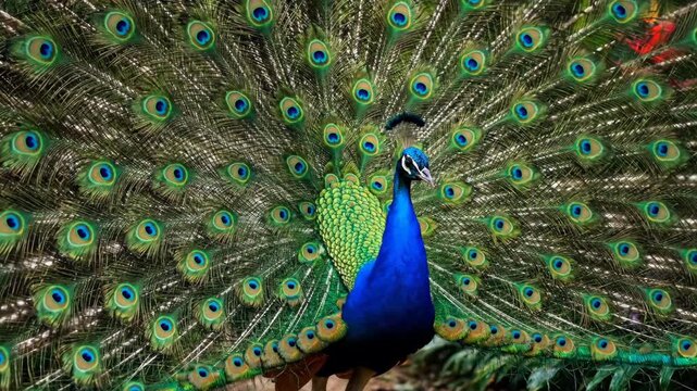 Vibrant Peacock Displaying Its Feathers - A stunning peacock showcases its magnificent, colorful plumage, with eye-like patterns in vibrant greens and blues displayed in an elegant fan shape.