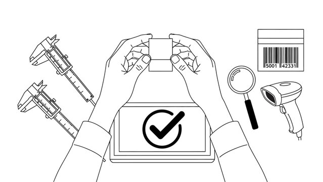 Line illustration of a hand checking a product with a measuring tool, barcode scanner, and verification mark for quality control.