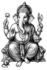 Detailed monochrome illustration of the Hindu deity Ganesha, seated, holding objects, with a mouse.