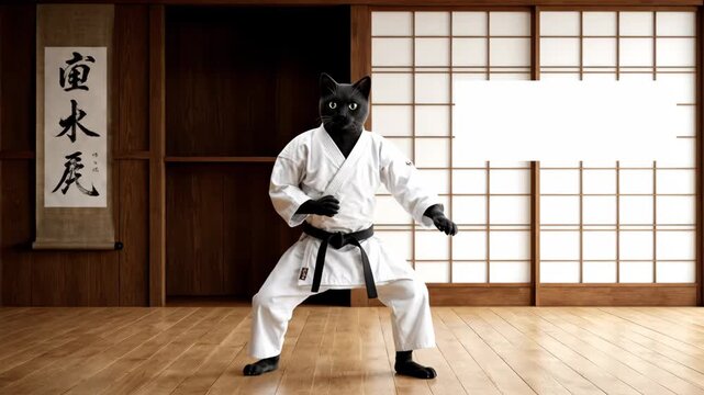 Cat Martial Artist in Dojo - A cartoonish black cat in a karate gi performs a martial arts pose inside a traditional dojo setting.