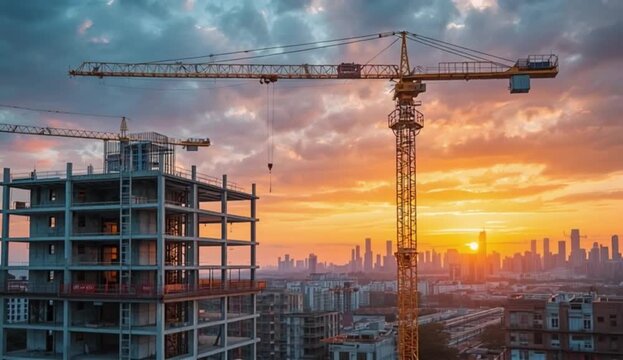 construction site during sunset featuring a multi-story building under development with exposed concrete floors and structural steel framework, created with generative ai