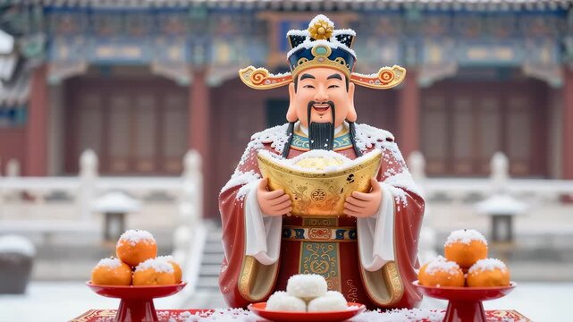 God of Wealth Caishen holding gold ingot in snowy Forbidden City