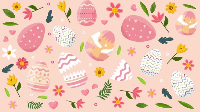 colorful seamless pattern with easter eggs flowers and green leaves on pink