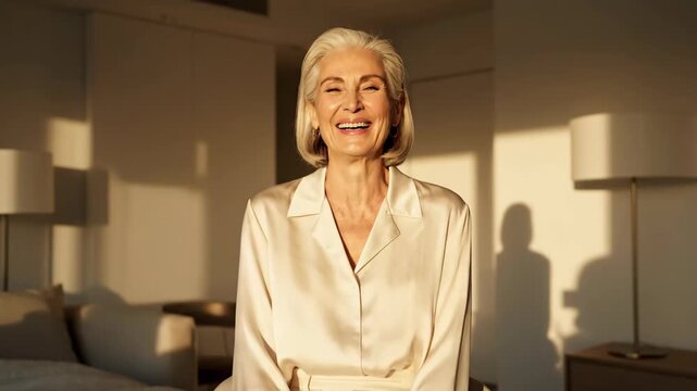Radiant senior woman with grey hair laughing in a sun-drenched modern living room. Elegant mature lady expressing joy and confidence. Perfect for happy aging and retirement lifestyle concepts.