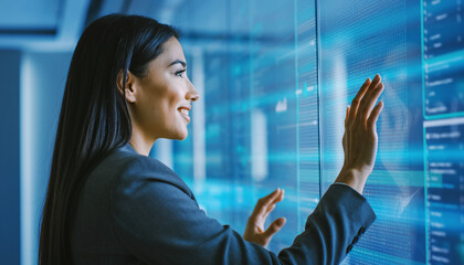 Woman interacts with futuristic touch screen interface showing data