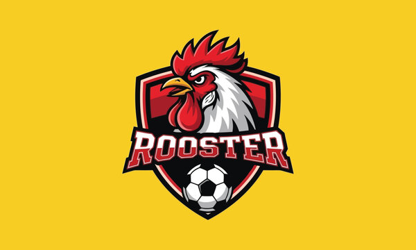 Rooster soccer team logo with shield and football on yellow background