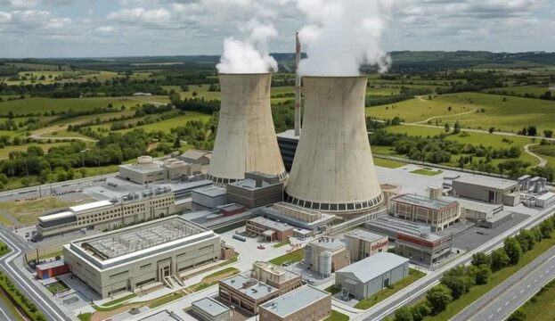  a nuclear power plant, featuring two large cooling towers with white steam rising from their tops, created with generative ai