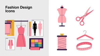 a colorful illustration showcasing essential fashion design tools and elements including a dress form scissors fabric swatches and clothing sketches high quality professional detailed modern elegant