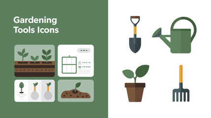 a collection of illustrated gardening tools and icons depicting a shovel watering can seedlings and various plant care essentials in a flat design high quality professional © Ultimate