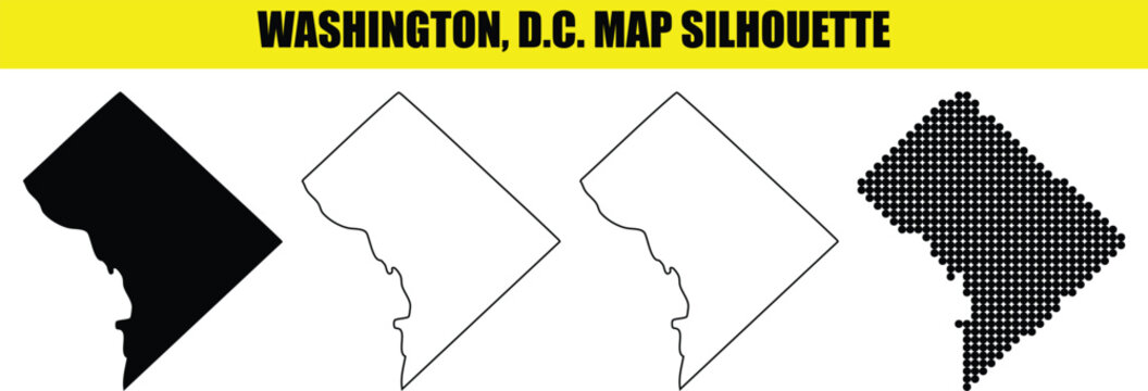 Washington dc map silhouette vector collection presenting diverse styles from solid shapes to dotted halftone patterns