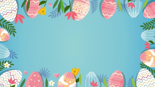border frame made of colorful easter eggs and flowers on blue background
