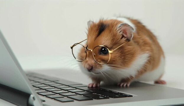 A cute hamster wearing round, gold-rimmed glasses, with fluffy brown and white fur,, created with generative ai