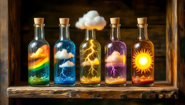 bottles with images of the sun and thunderstorms