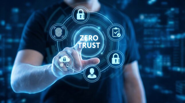 A man interacts with a futuristic zero trust cybersecurity interface in a dark blue urban background. The scene conveys a sense of security, protection, and modern technology.