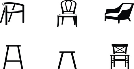 Fototapeta premium Minimalist furniture vector icon set, interior design chair silhouettes, household armchair stool, home decor seating element