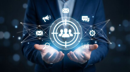 Businessman showcasing target audience icons for effective marketing strategy and communication in a modern digital landscape
