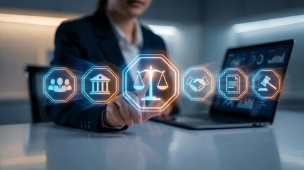 Businesswoman engaging with futuristic legal and business icons in sleek modern workspace, representing law, justice, and corporate agreements