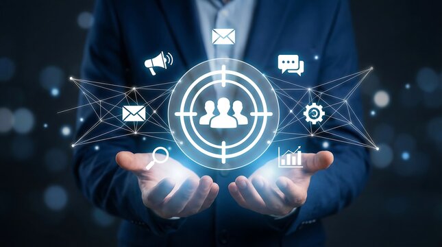 Businessman showcasing target audience icons for effective marketing strategy and communication in a modern digital landscape