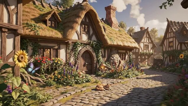 Whimsical fairytale cottage with a thatched roof, rustic wooden door, vibrant flowers, and magical mushrooms in an enchanting storybook village
