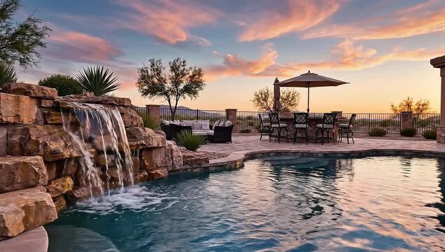 Stunning backyard swimming pool with a natural rock waterfall, elegant patio furniture, and a breathtaking desert sunset sky