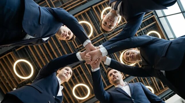 United Business Team Stacking Hands in Collaboration: Low Angle View of Diverse Professionals Symbolizing Unity and Success