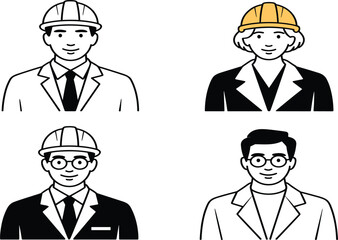 Professional engineer character vector icon set, construction worker avatars, architect wearing hard hat, industrial people