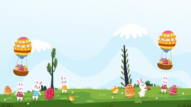 rabbits and chicks in field with hot air balloons and easter eggs