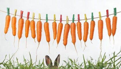 carrots are hanging on clothespins on a rope